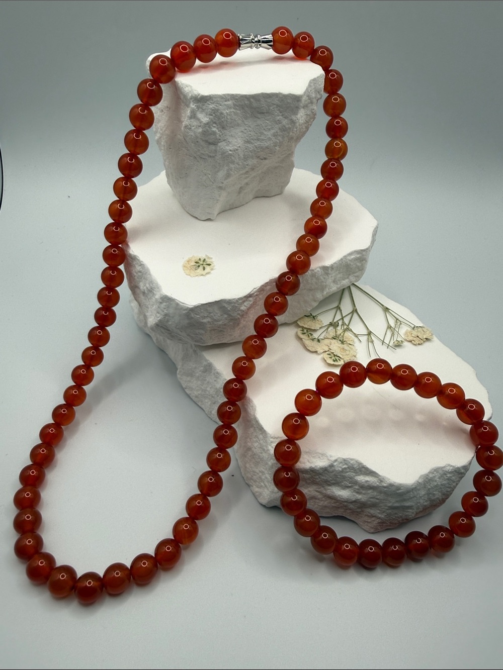 Red Carnelian Agate Bead Necklace and Bracelet Set
